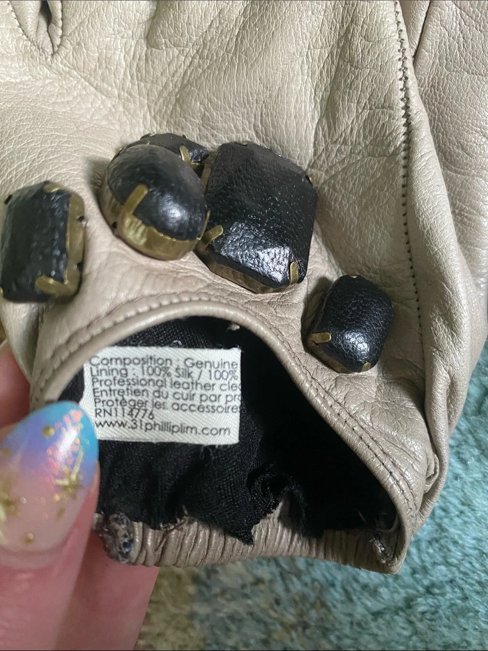3.1 Phillip Lim Taupe Leather Gloves with Black Jewel Embellishments